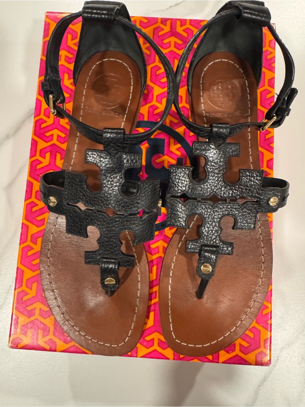 Tory Burch Black Leather Logo Thong Sandals